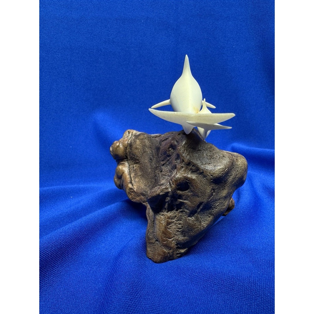 John Perry Pair Dolphin Figurines Burlwood Wood Base Sculpture Mother Calf VTG - Picture 4 of 9